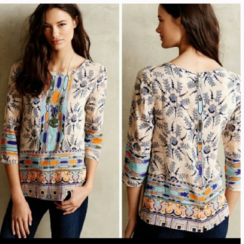 Anthropologie Maeve Womens Size 0 Silk Pullover Top Boho Print
